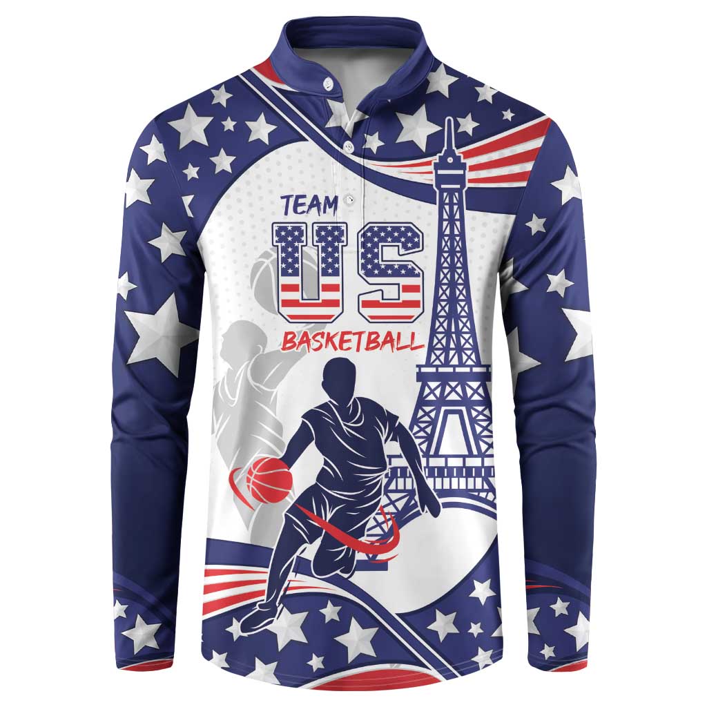 Blue pullover basketball sweatshirt with hood, US BASKETBALL print, stars and tower graphic.