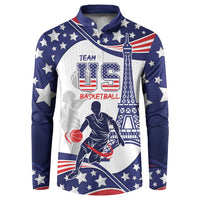 Blue pullover basketball sweatshirt with hood, US BASKETBALL print, stars and tower graphic.