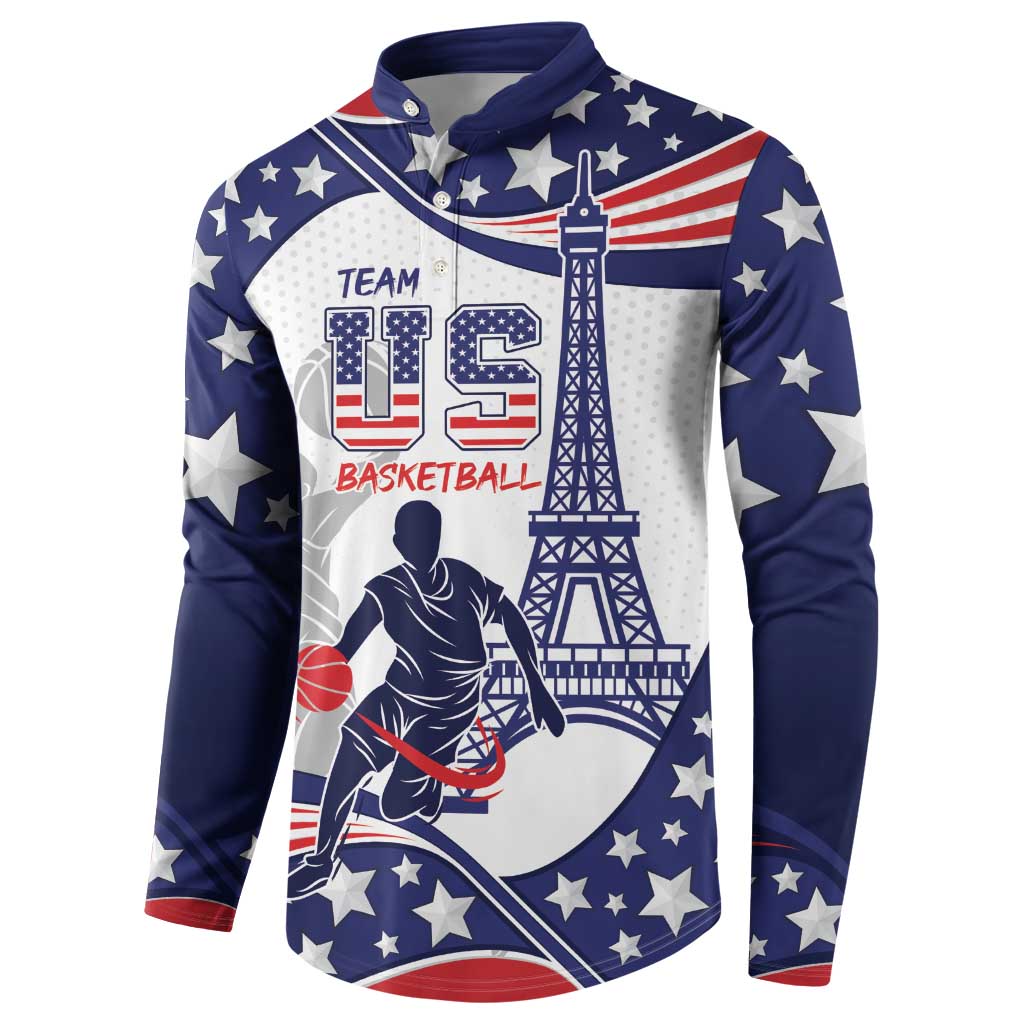 Blue pullover basketball sweatshirt with hood, US basketball text, player and tower graphic.