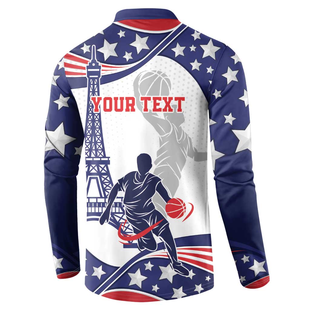Blue pullover basketball sweatshirt with hood, star pattern and player holding basketball.