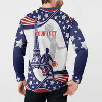 Blue pullover basketball sweatshirt with hood, YOUR TEXT on back, stars and player.