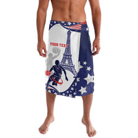 Personalized blue basketball shorts with stars, Eiffel Tower graphic, and text panel