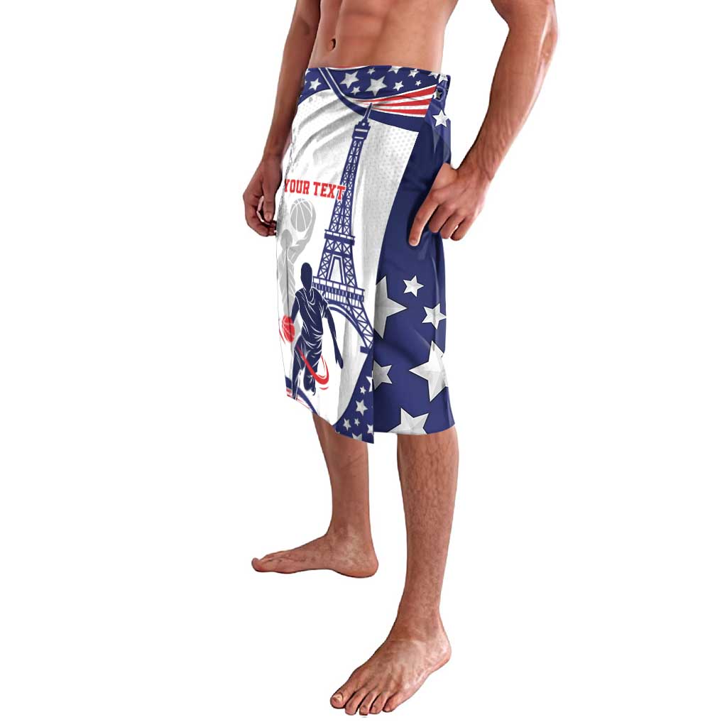 Blue basketball shorts with Eiffel Tower and red-white basketball graphic, star accents