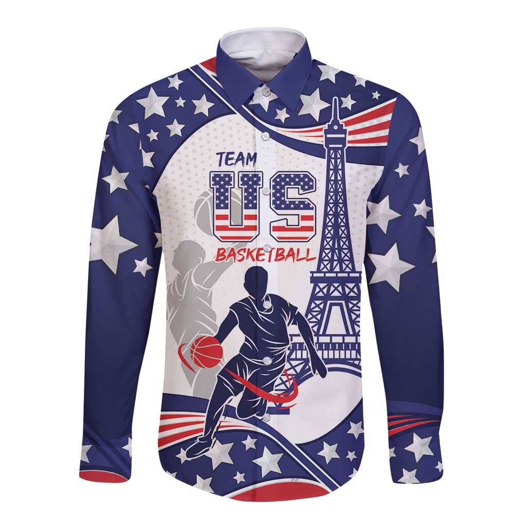 Unisex blue long-sleeve button shirt with stars, basketball player graphic, and USA text