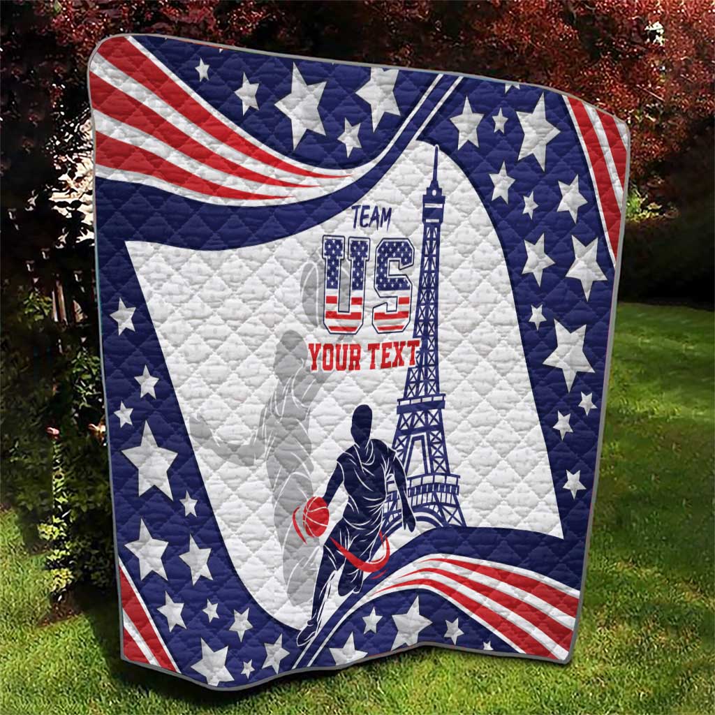 USA basketball quilt on lawn with blue-and-white stars, red stripes, and Eiffel Tower design