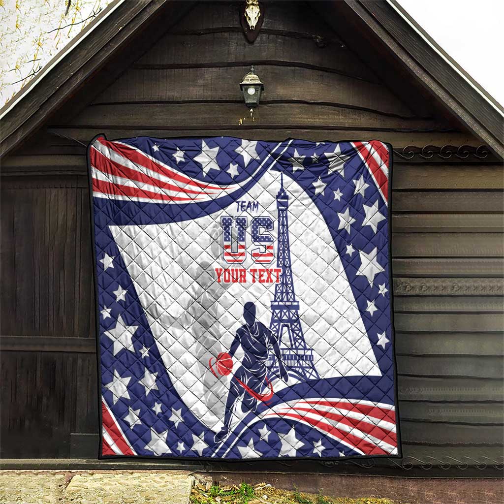 USA basketball quilt hanging on doorway, stars-and-stripes pattern with player and Eiffel Tower