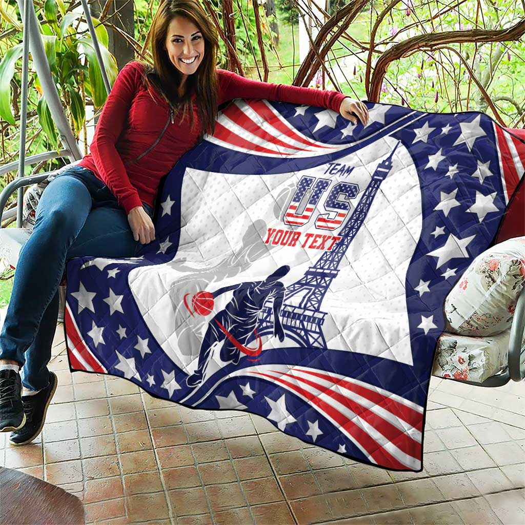 USA basketball quilt held outdoors, blue stars, red stripes, player silhouette and Eiffel Tower
