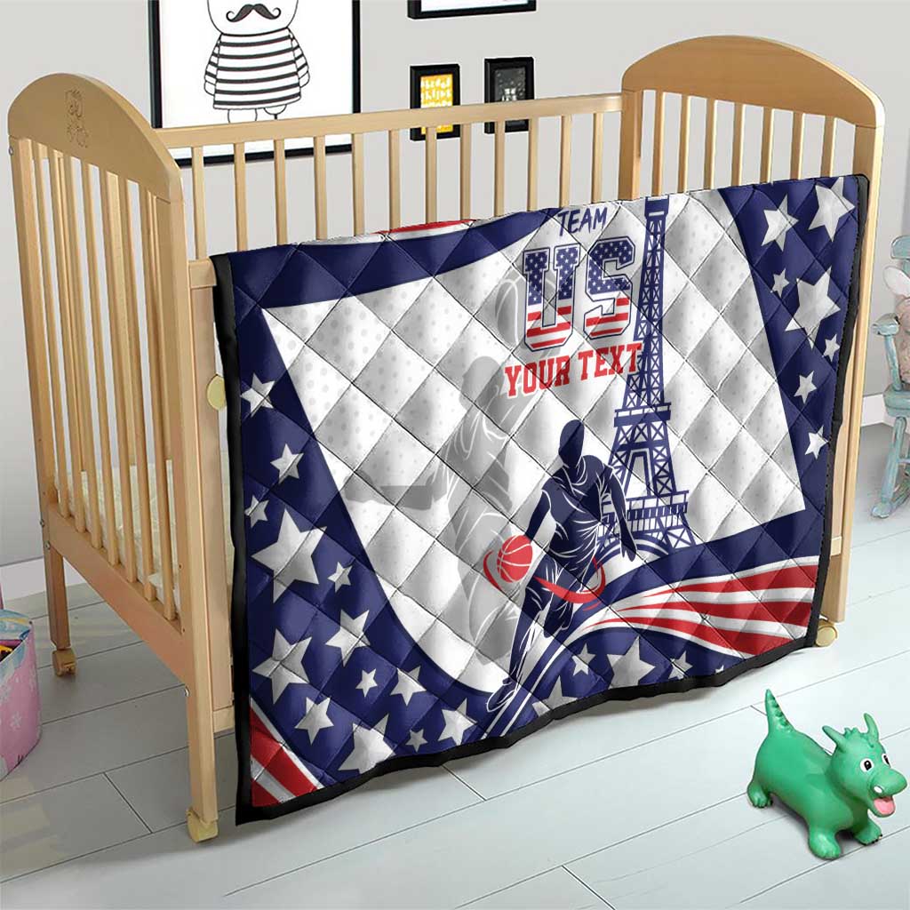 USA basketball quilt on crib with blue stars, red stripes, player silhouette and Eiffel Tower
