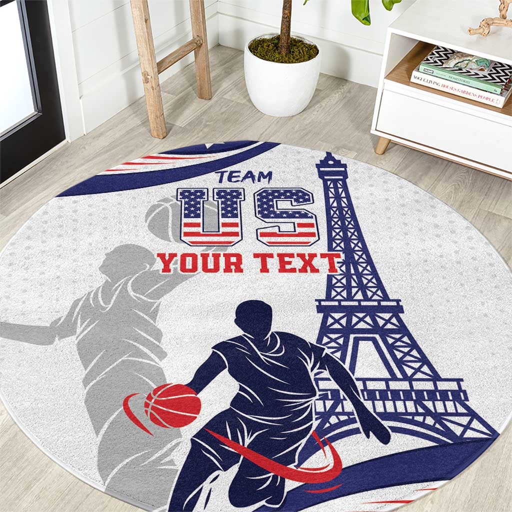 Round basketball carpet with Eiffel Tower graphic, player silhouette, blue and gray