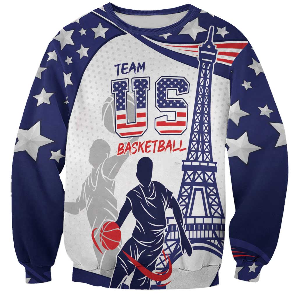 Unisex blue basketball sweatshirt with USA stars, Eiffel Tower print, and TEAM US lettering