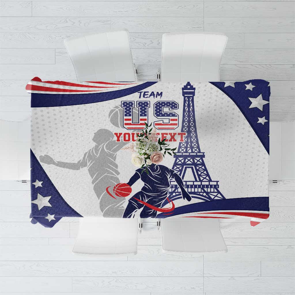 Blue USA basketball tablecloth with stars, stripes, and hoop-and-Eiffel design