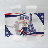 Blue USA basketball tablecloth with stars, stripes, and hoop-and-Eiffel design