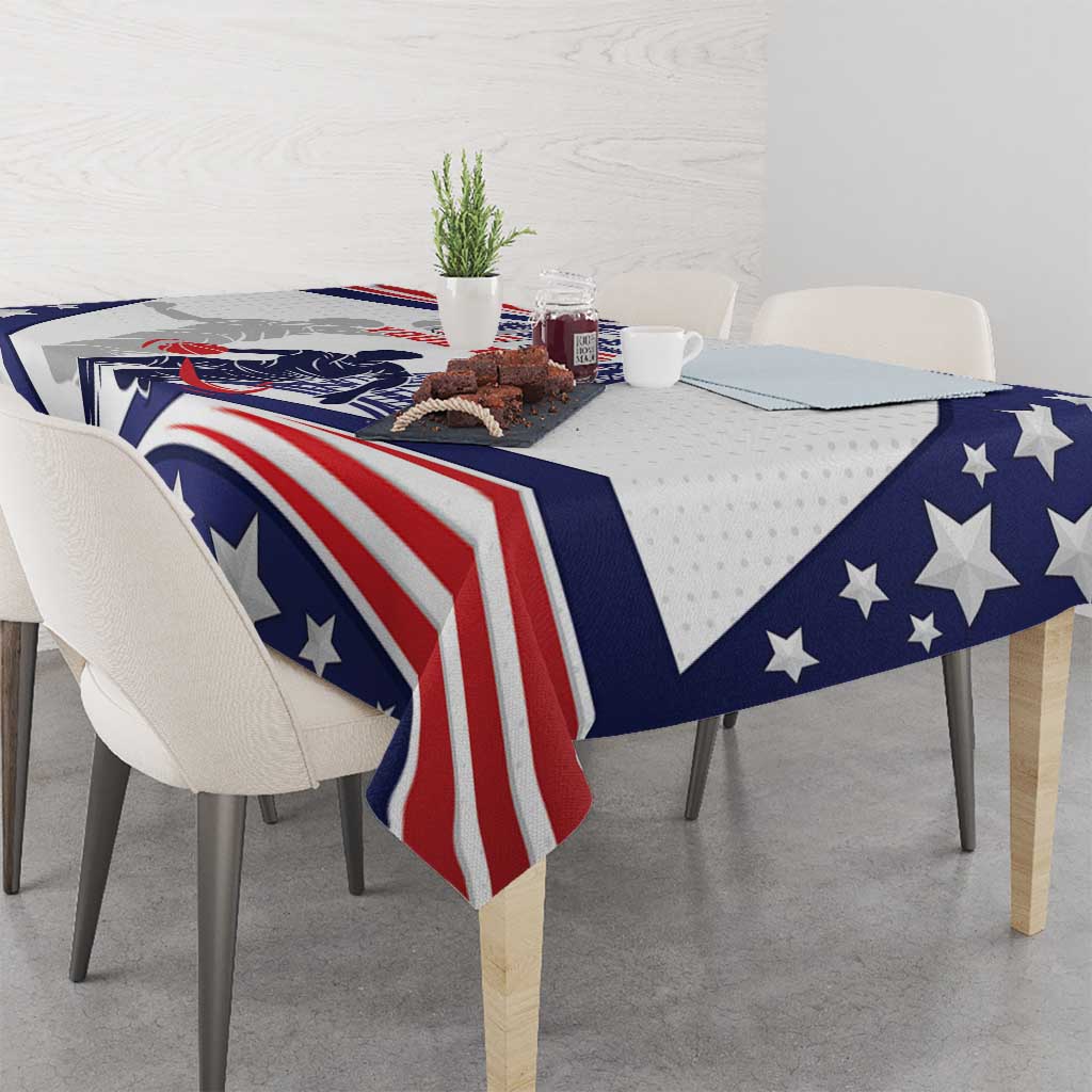 Blue USA basketball tablecloth on dining table with stars, stripes, and Eiffel details