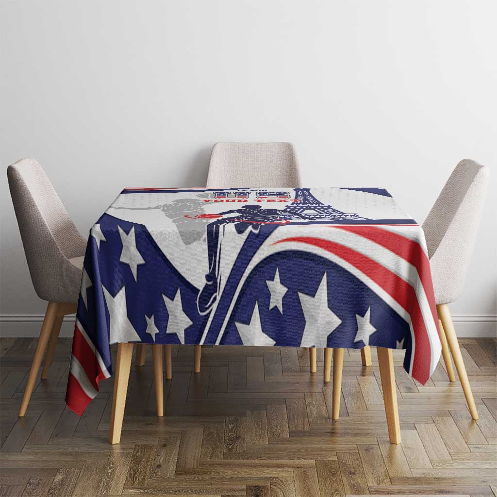 USA basketball tablecloth draped on dining table with blue stars and red-white stripes
