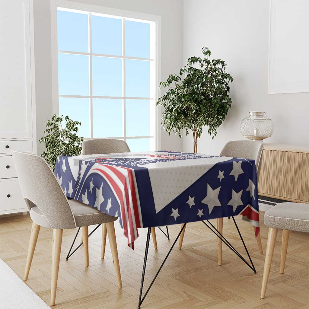 USA basketball tablecloth on dining table with chairs, blue stars, and red-white stripes
