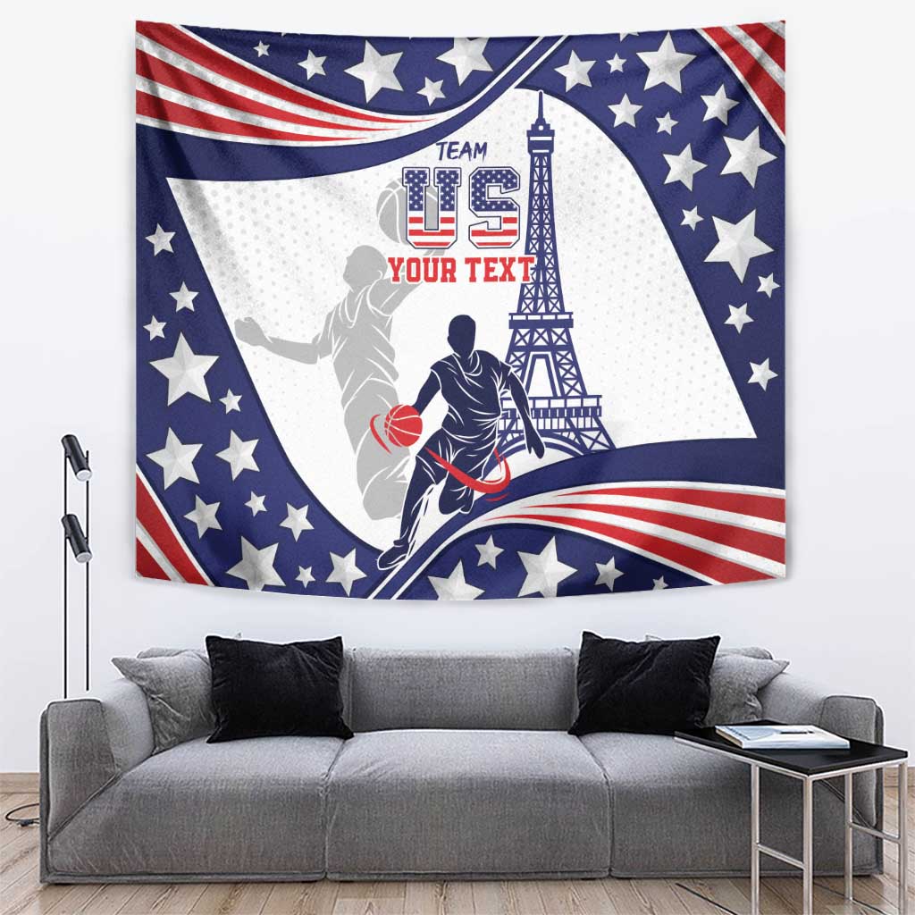 Rectangular USA-themed basketball tapestry with stars, stripes, player holding ball, Eiffel tower