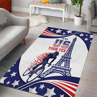 Personalized blue and white cycling rug with cyclist silhouette and star-and-flag border