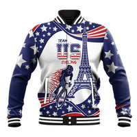 Blue and white baseball jacket with red accents, star pattern, cyclist graphic, front zip