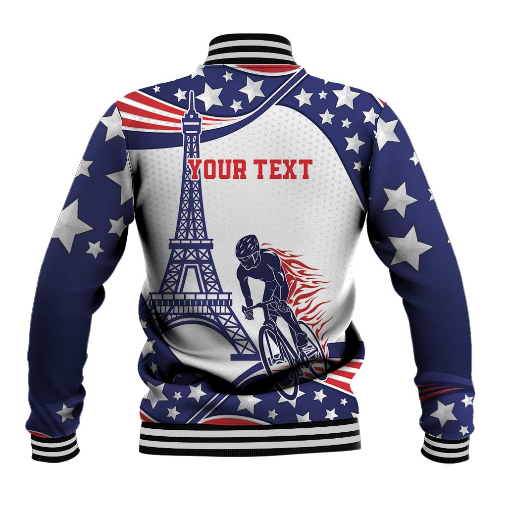 Blue and white baseball jacket with stars, Eiffel tower and cyclist graphic, striped rib cuffs