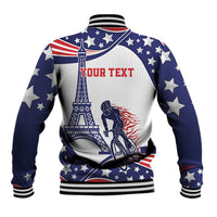 Blue and white baseball jacket with stars, Eiffel tower and cyclist graphic, striped rib cuffs