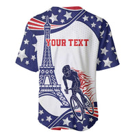 Blue star baseball jersey with Your Text, Eiffel Tower, and cyclist flame graphic