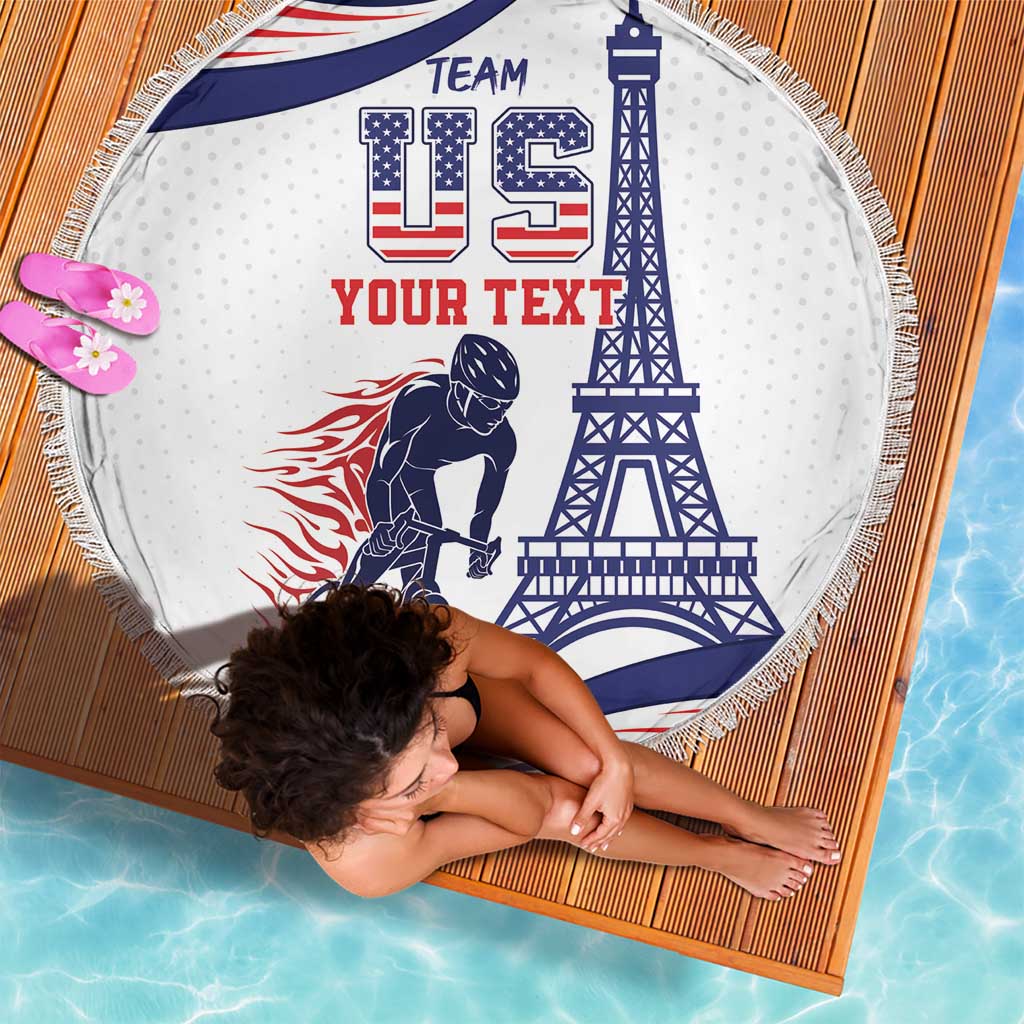 Round beach blanket with fringe edge, bike rider, Eiffel Tower, and TEAM US YOUR TEXT
