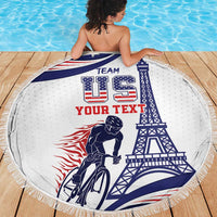 Round USA Cycling beach blanket with fringe edge, bike rider and Eiffel Tower print