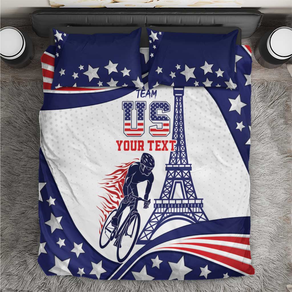 Blue and white USA-themed bedding set with stars, Eiffel tower, bicycle, and two pillow covers