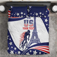 Blue and white USA-themed bedding set with stars, Eiffel tower, bicycle, and two pillow covers