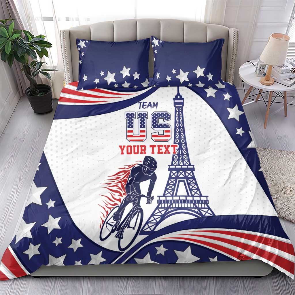 Blue and white USA-themed duvet bedding set with stars, Eiffel tower, bicycle, and two pillows
