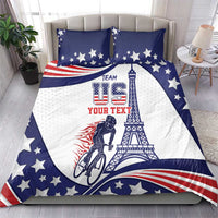 Blue and white USA-themed duvet bedding set with stars, Eiffel tower, bicycle, and two pillows
