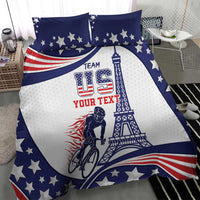 USA-themed blue and white bedding set with star pattern, Eiffel tower, bicycle graphic, two pillows