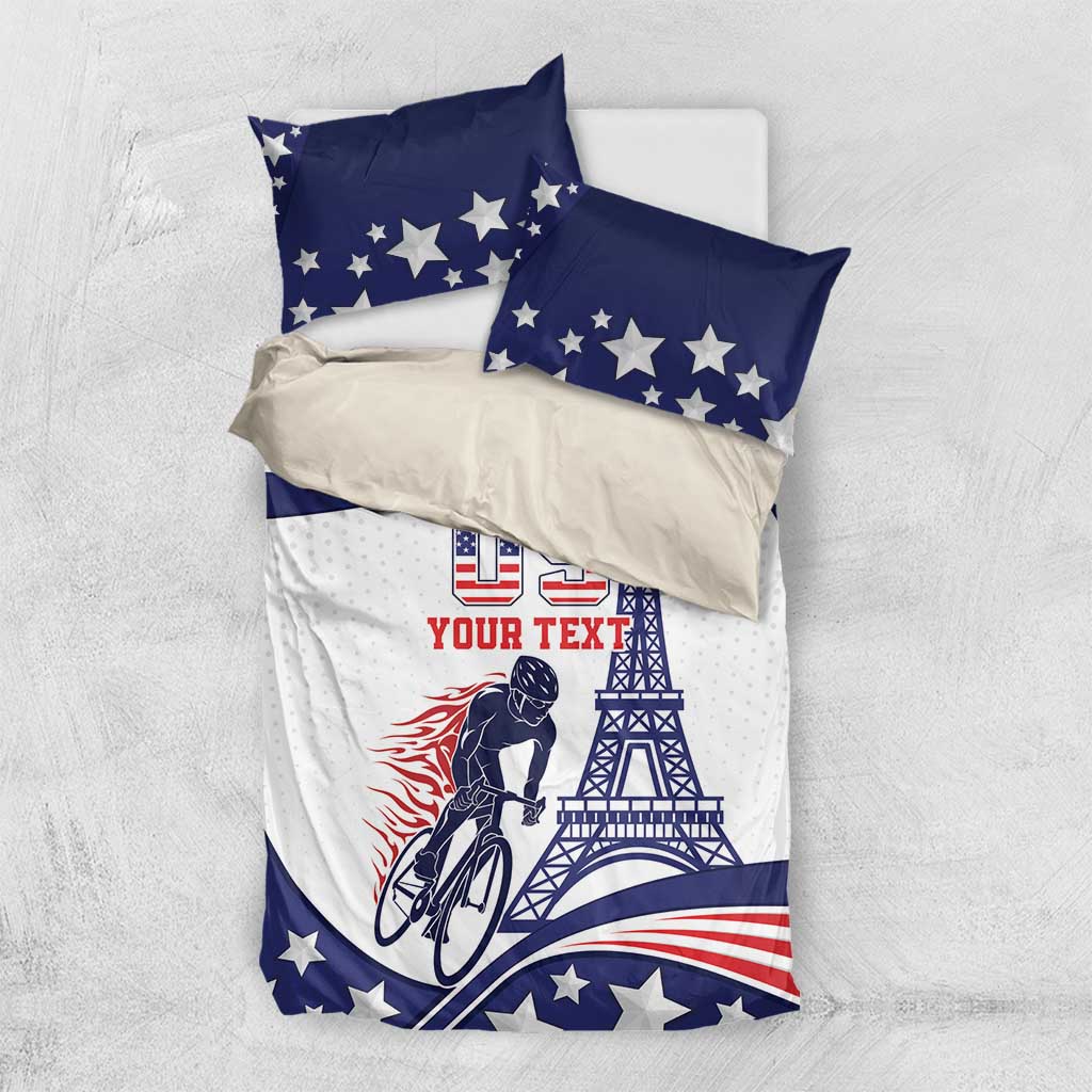 USA-themed blue and white bedding set with stars, Eiffel tower, bicycle artwork, and two pillow covers