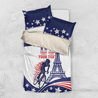 USA-themed blue and white bedding set with stars, Eiffel tower, bicycle artwork, and two pillow covers