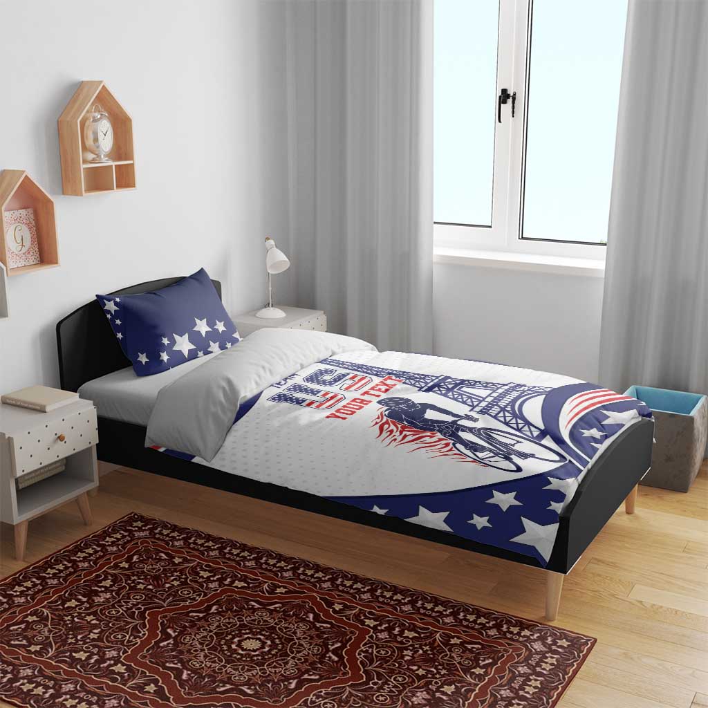 Blue and white USA-themed comforter bedding set with stars, Eiffel tower, bicycle graphic, two pillows