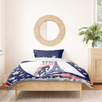 USA-themed blue and white duvet bedding set with stars, Eiffel tower, bicycle design, pillow