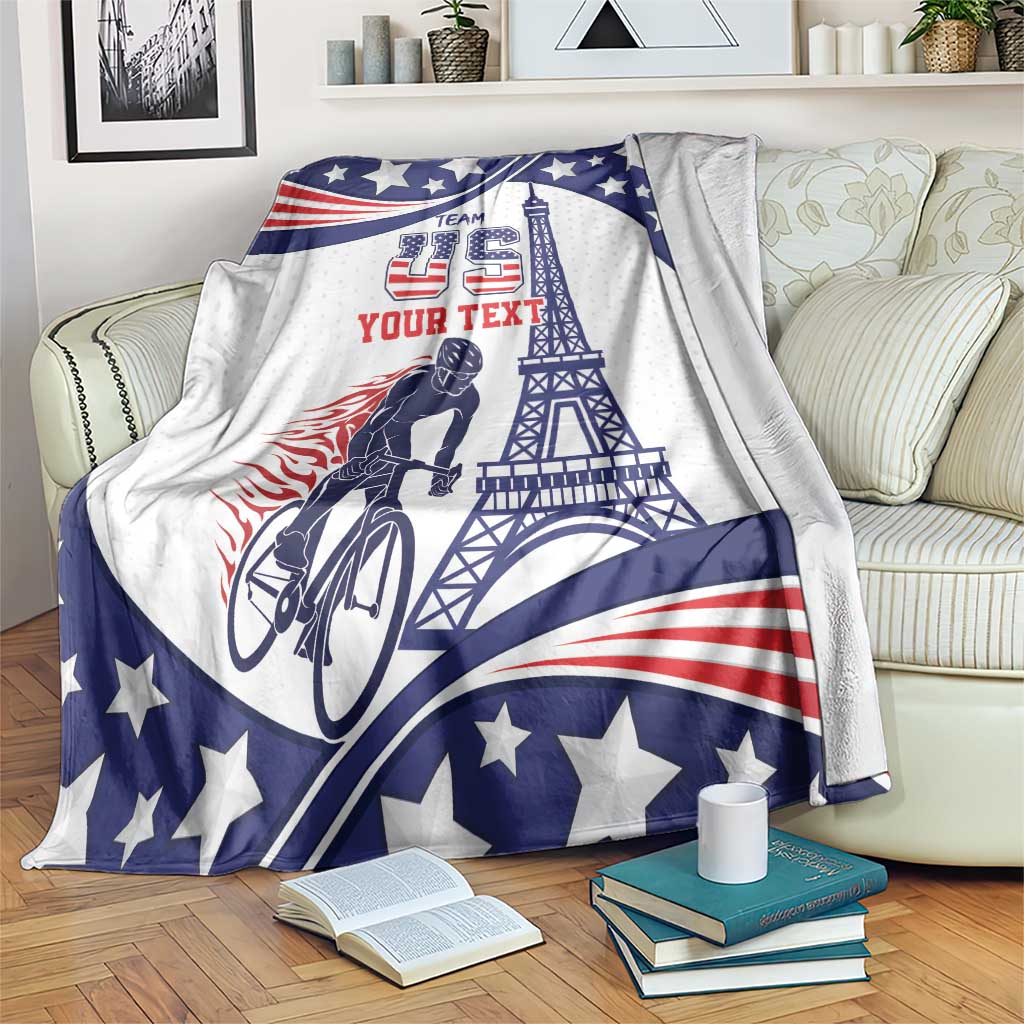 Personalized cycling blanket in blue, white, and red with Eiffel Tower and stars