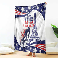 Personalized cycling blanket, blue and white with Eiffel Tower, stars, and red stripes