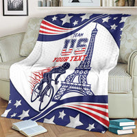 Personalized cycling blanket on armchair featuring Eiffel Tower, cyclist graphic, stars