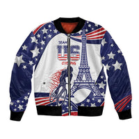 Blue and white unisex bomber jacket with stars, bicycle and Eiffel Tower graphic