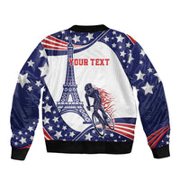 Unisex bomber jacket in blue and white with stars, bike graphic, 'YOUR TEXT' front