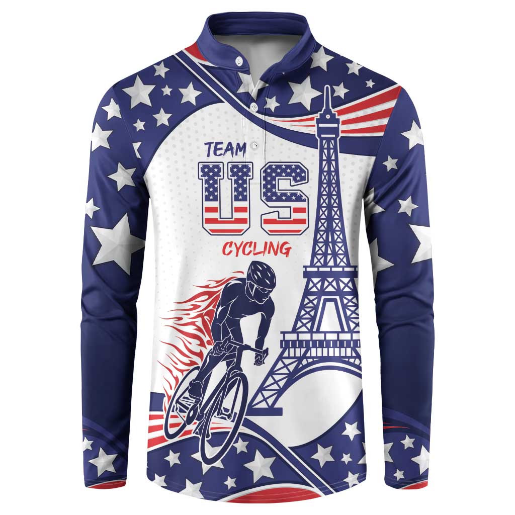 Blue button sweatshirt with star print, Eiffel tower and cyclist graphic, front view.