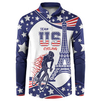 Blue button sweatshirt with star print, Eiffel tower and cyclist graphic, front view.