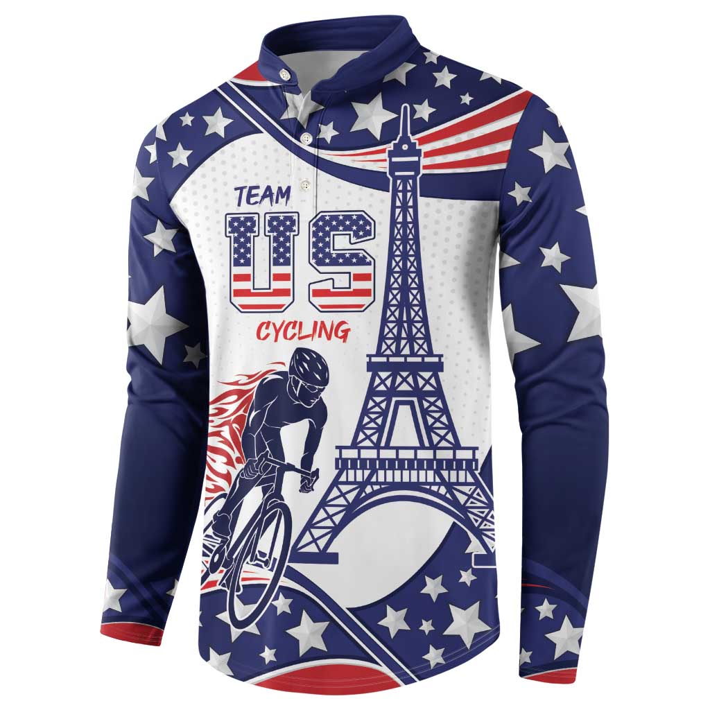 Navy button sweatshirt with stars, Eiffel tower, cyclist graphic, three-quarter front view.
