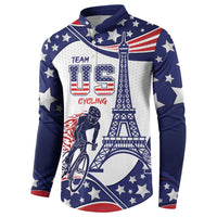 Navy button sweatshirt with stars, Eiffel tower, cyclist graphic, three-quarter front view.