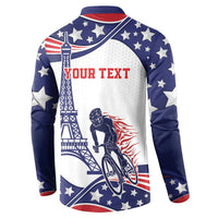 Blue button sweatshirt back with stars, Eiffel tower, cyclist graphic, "YOUR TEXT".