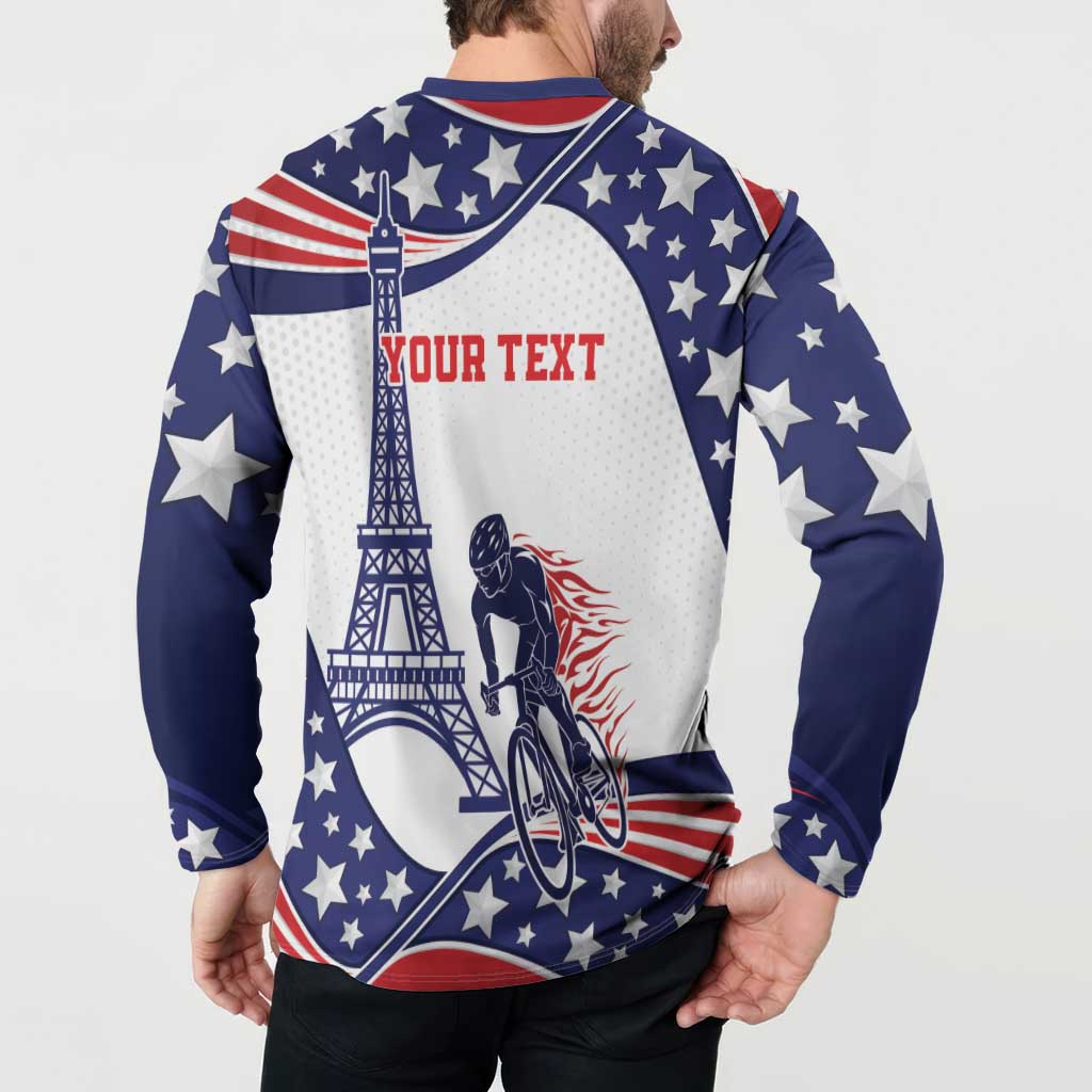 Blue button sweatshirt back worn by man, stars, Eiffel tower and cyclist graphic, "YOUR TEXT".