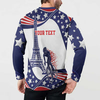 Blue button sweatshirt back worn by man, stars, Eiffel tower and cyclist graphic, "YOUR TEXT".