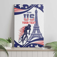 Blue canvas wall art, cyclist silhouette and Eiffel Tower with stars and stripes design
