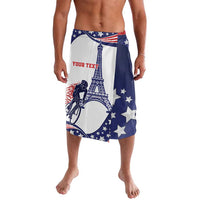 Blue sport shorts with stars, Eiffel Tower, and bicycle graphic